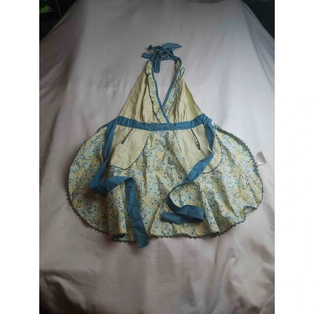 Simply Envogue Apron Womens One Size Blue Yellow Paisley Cotton Kitchen Cooking